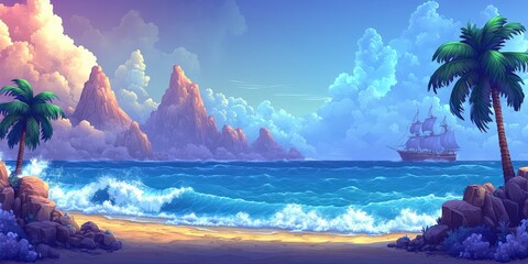 Tropical Beach Paradise with Ocean Waves, Palm Trees, and a Sailboat Illuminated by Sunset Sky and Towering Mountains in a Dreamy Coastal Landscape