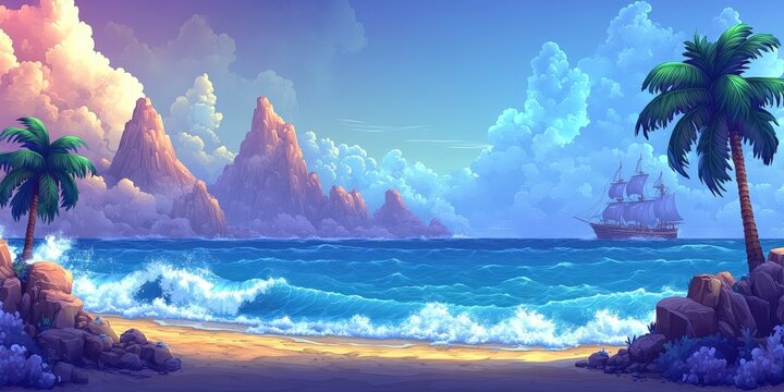 Tropical Beach Paradise with Ocean Waves, Palm Trees, and a Sailboat Illuminated by Sunset Sky and Towering Mountains in a Dreamy Coastal Landscape