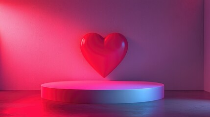 Red Heart Above Circular Pedestal in Neon Lit Room