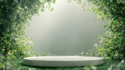 A White Round Platform Surrounded by Lush Green Foliage