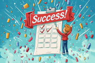 Success celebration with character marking achievements on checklist, surrounded by colorful confetti and vibrant background