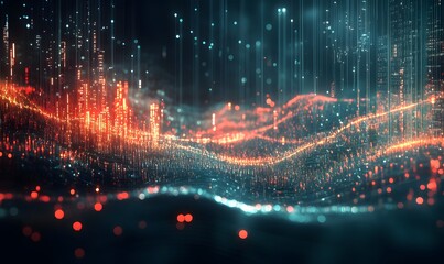 Abstract digital landscape with glowing particles and lines.