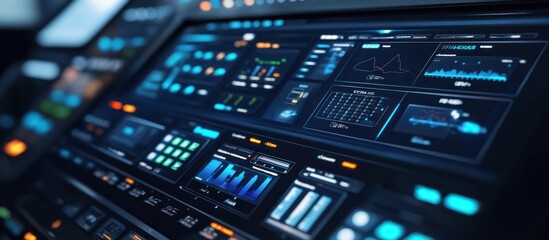 Futuristic digital dashboard displaying real-time data analytics with graphs and charts.
