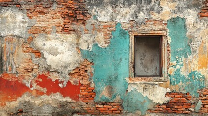 Weathered Wall with Colorful Peeling Paint and Exposed Brickwork