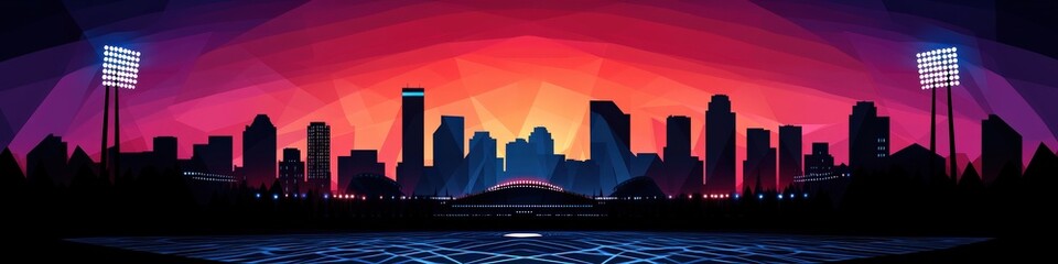 Vibrant Urban Skyline Silhouette at Sunset with Stunning Colorful Gradient of Orange and Pink Hues Over Cityscape and Bridge in Futuristic Digital Art Style