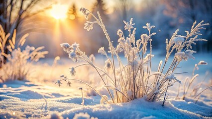 Obraz premium Winter sunrise illuminates frost-covered plants in a snowy landscape