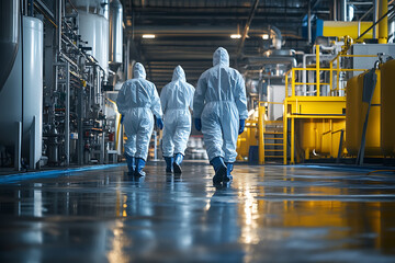 Obraz premium Workers in hazmat suits performing safety protocols in a chemical plant, with warning signs and safety equipment in the background, intense and professional setting