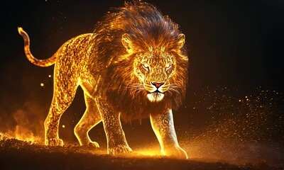 Fiery lion running through flames and sparks at night.