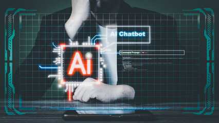 Businessman interacting with cutting-edge digital interface with transparent holographic display, breaking through phone screen, data grid, demonstrating high-tech system analysis on green background.