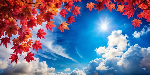 Autumnal Leaves Frame Bright Sunny Sky with Clouds