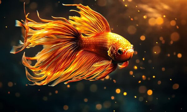 Fiery orange betta fish with flowing fins, swimming in dark water with sparkling bokeh background.