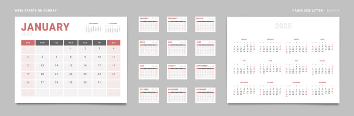 Set of 12 Pages Monthly Calendar Planner Templates and annual. Vector layout of a wall or desktop calendar with the week starting on Sunday ready for printing. Page size Letter -8.5x11