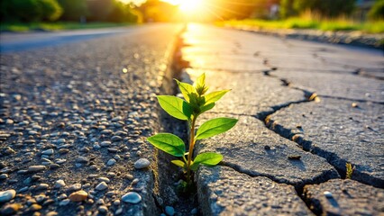 Resilience A small plant sprouts through a cracked asphalt road, bathed in the warm glow of the setting sun.