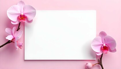 An elegant flat-lay of a crisp white paper framed by two delicate pink orchids on opposite corners, with the rest of the background blending softly into a pastel pink hue.