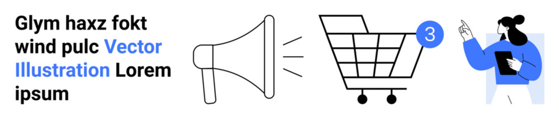 Megaphone, shopping cart with notification, pointing person holding tablet. Ideal for e-commerce, digital marketing, online shopping, advertising, business strategy, customer engagement. Landing page