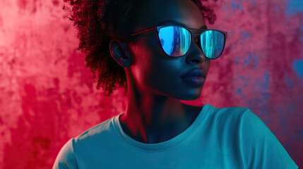 close up black woman with sunglasses against abstract red and pink background.