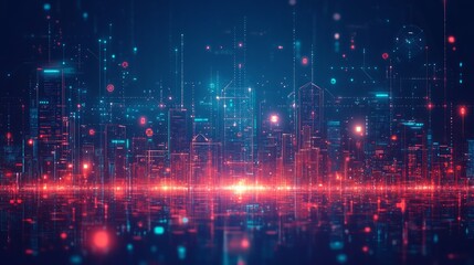 Obraz premium Futuristic cityscape skyline at night with digital data streams and glowing lights.