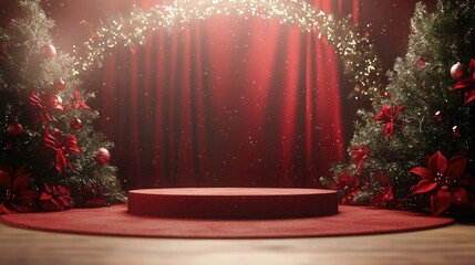 Festive Christmas Display with Red Podium and Decorated Trees