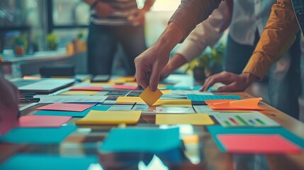 Close up of a businessman's hand placing a yellow sticky note on a table covered in colorful sticky notes, during a brainstorming session.