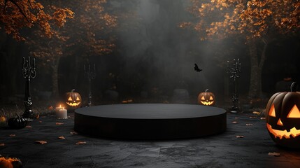 Black Platform in a Dark Forest with Jack-o'-Lanterns, Candelabras, and a Bat