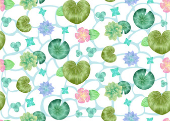 Seamless pattern with water lilly. Repeating design element for printing on fabric. Tropical plant and ornament. Composition with bloom and blossom plants. Flat vector illustration