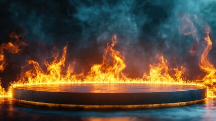 Fototapeta premium A circular platform surrounded by a ring of fire with smoke in the background.