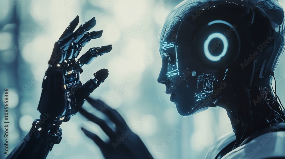 Poster Futuristic robot examining its own hand, artificial intelligence concept.