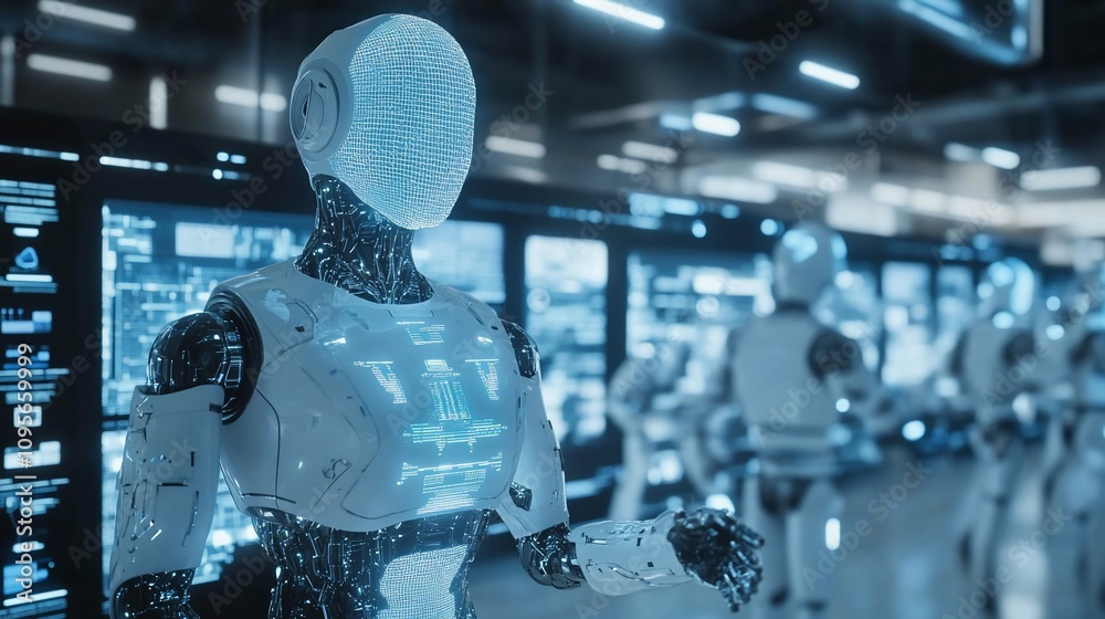 Poster Futuristic robots in a high-tech server room.