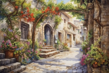 cozy summer street of an Italian town, lots of greenery and flowers., watercolor style,  