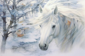 Obraz premium beautiful white horse in winter snowy forest., watercolor style, 