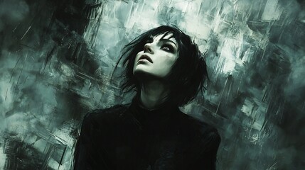 Fototapeta premium A dark toned digital artwork depicting a mysterious woman gazing upwards her hair styled dramatically surrounded by moody abstract strokes and shadows