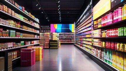 A large supermarket aisle with many products on the shelves