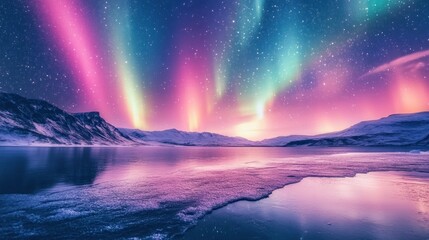 A beautiful aurora borealis is visible in the sky above a lake. The sky is filled with stars and the aurora is bright and colorful
