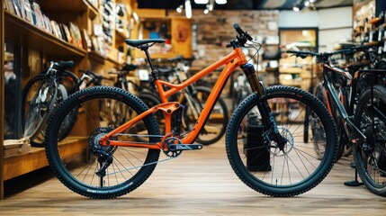 Fototapeta premium Orange mountain bike in shop. (1)