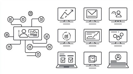 A set of 15 minimalist black and white outline icons representing various elements of digital marketing including project coordination  process flow  productivity  and success tracking
