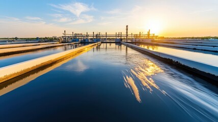 Fototapeta premium Advanced wastewater treatment plant with multiple filtration tanks, processing water for reuse treatment plant, water recycling