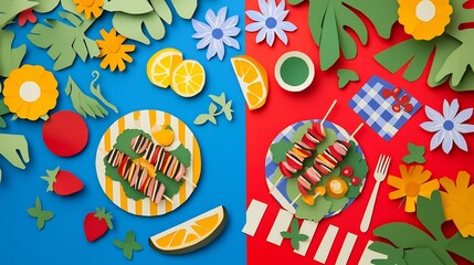 A vibrant and layered paper cut composition depicting a picnic scene featuring grilled pork skewers fresh vegetables fruits and floral elements arranged on a colorful background
