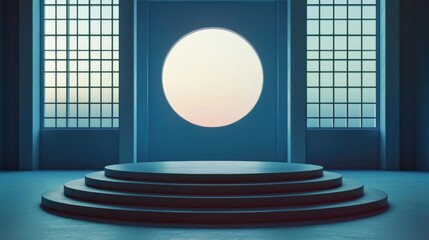 Circular Platform with Windows and Arched Opening in a Blue Room