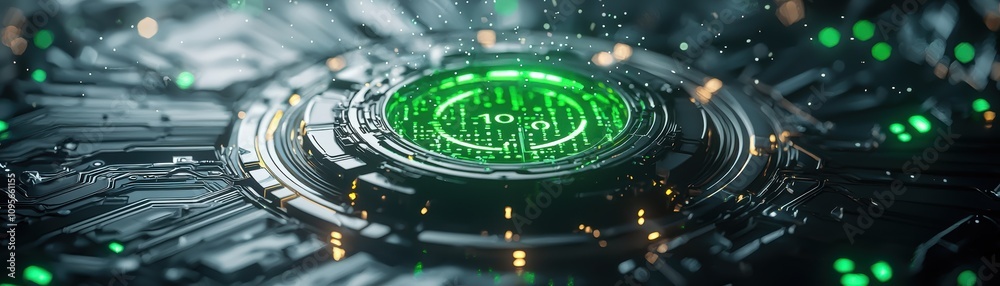 Poster innovative metallic devops pipeline with glowing green core enhancing workflow efficiency in digital