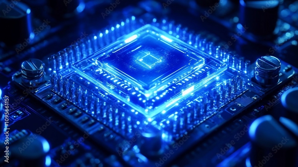 Poster glowing blue cpu on circuit board.