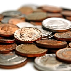 Mixed value baht coins in close up on white background.