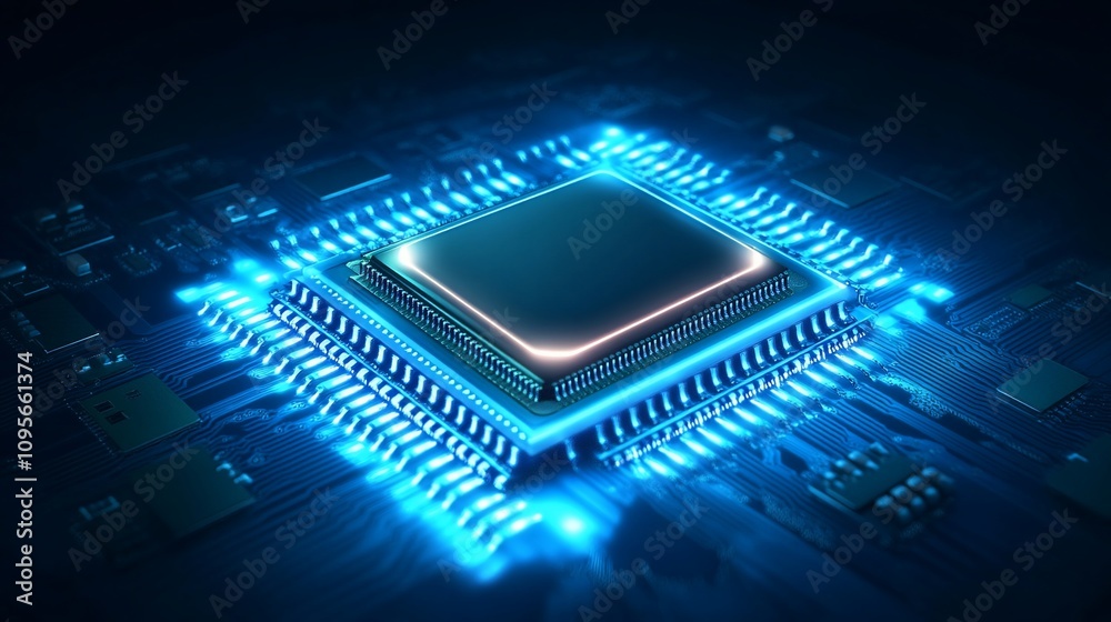 Poster glowing cpu on circuit board, technological background.