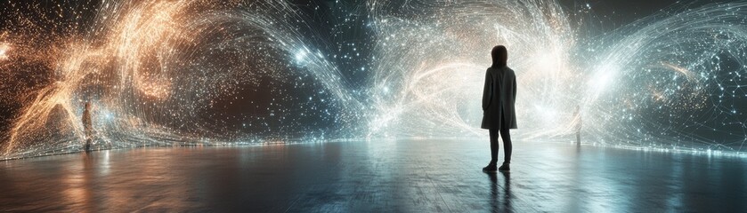 Obraz premium A girl standing in ai abstract background, Professor utilizes immersive augmented reality in educational settings to enhance learning experiences