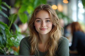Fototapeta premium Smiling blonde teen girl with flowing hair poses outdoors. Generative AI