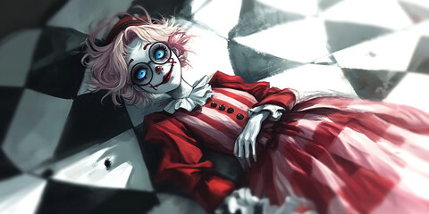 Creepy Cute Clown Girl: Digital painting of a unsettlingly adorable clown girl in a red and white dress, lying on a checkered floor. Her pale skin, bright blue eyes.