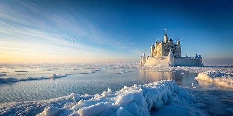 Frozen Fairytale Castle on Icy Sea at Dawn