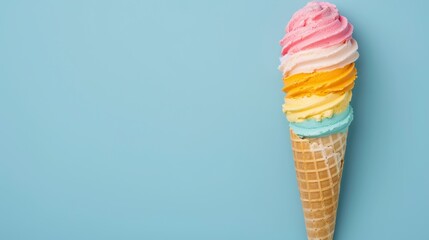 Colorful ice cream cone against a blue background.
