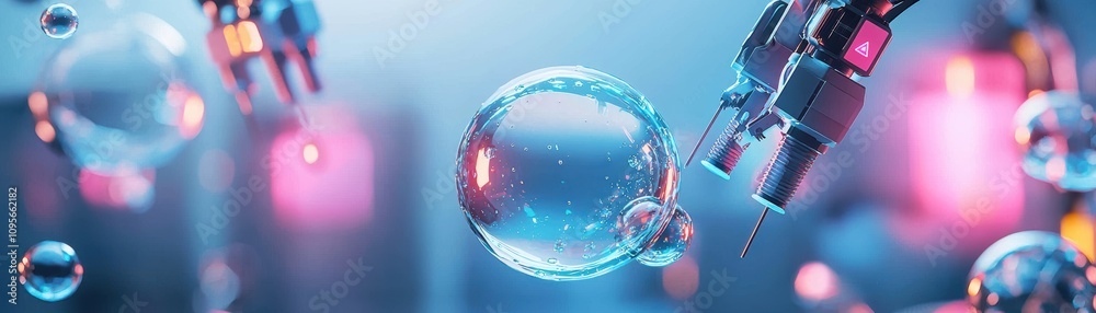 Poster exploring quantum particles enveloping ai robotic arm in futuristic environments