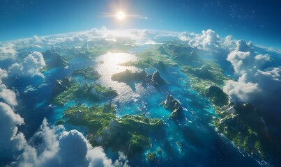 Fototapeta premium Aerial view of a vibrant, lush island archipelago at sunrise, with sun shining above fluffy clouds.