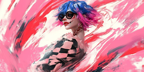 Rebellious Spirit: Digital Painting of a Stylish Girl with Pink and Blue Hair 